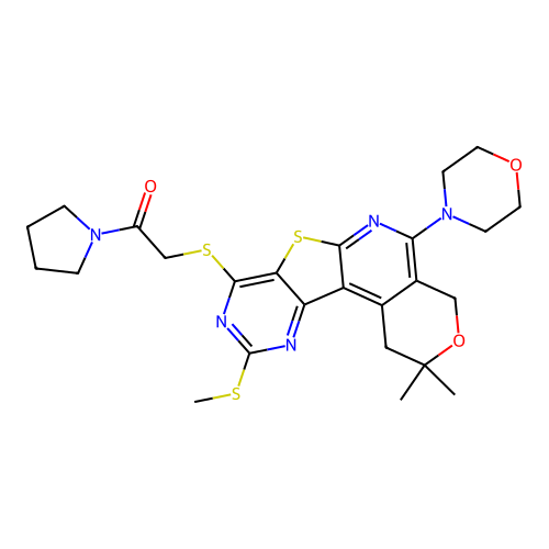 2-((2,2-dimethyl-10-(methylthio)-5-morpholino-2,4-dihydro-1H-pyrano[4'',3'':4',5']pyrido[3',2':4,5]thieno[3,2-d]pyrimidin-8-yl)thio)-1-(pyrrolidin-1-yl)ethanone structure