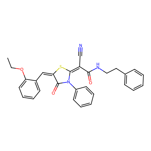 (2E)-2-cyano-2-[(5E)-5-(2-ethoxybenzylidene)-4-oxo-3-phenyl-1,3-thiazolidin-2-ylidene]-N-(2-phenylethyl)ethanamide structure