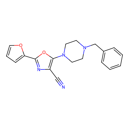2-(2-Furanyl)-5-[4-(phenylmethyl)-1-piperazinyl]-4-oxazolecarbonitrile structure