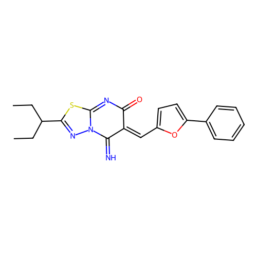 (6Z)-5-imino-2-(pentan-3-yl)-6-[(5-phenylfuran-2-yl)methylidene]-5,6-dihydro-7H-[1,3,4]thiadiazolo[3,2-a]pyrimidin-7-one structure