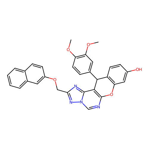 12-(3,4-dimethoxyphenyl)-2-[(naphthalen-2-yloxy)methyl]-12H-chromeno[3,2-e][1,2,4]triazolo[1,5-c]pyrimidin-9-ol structure