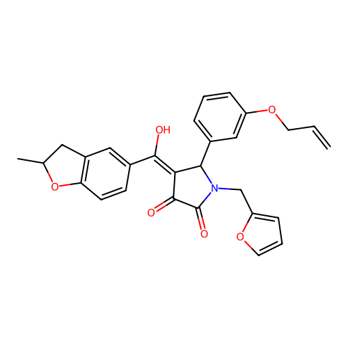 1-(furan-2-ylmethyl)-4-[hydroxy-(2-methyl-2,3-dihydro-1-benzofuran-5-yl)methylidene]-5-(3-prop-2-enoxyphenyl)pyrrolidine-2,3-dione structure