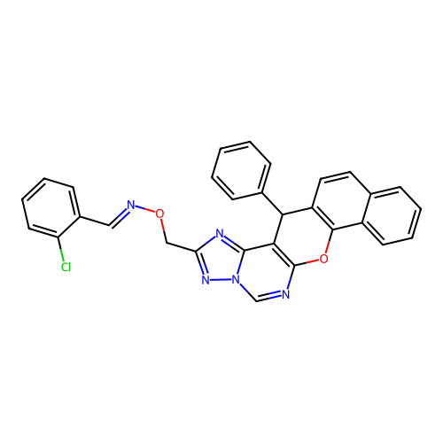 (E)-1-(2-chlorophenyl)-N-[(14-phenyl-14H-benzo[7,8]chromeno[3,2-e][1,2,4]triazolo[1,5-c]pyrimidin-2-yl)methoxy]methanimine structure