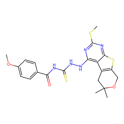N-({2-[6,6-dimethyl-2-(methylsulfanyl)-5,8-dihydro-6H-pyrano[4',3':4,5]thieno[2,3-d]pyrimidin-4-yl]hydrazinyl}carbonothioyl)-4-methoxybenzamide structure