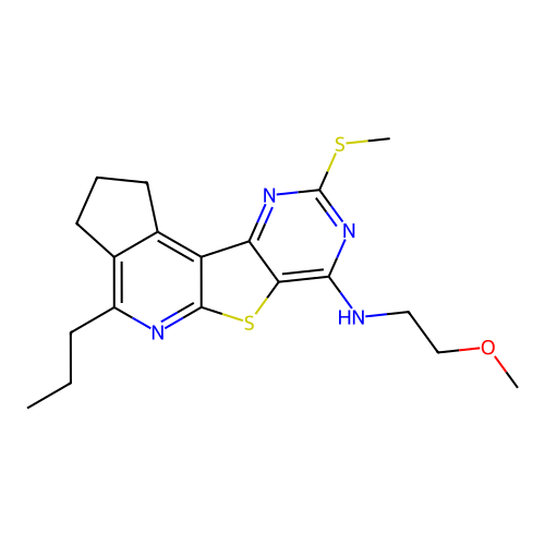 N-(2-methoxyethyl)-9-(methylsulfanyl)-4-propyl-2,3-dihydro-1H-cyclopenta[4',5']pyrido[3',2':4,5]thieno[3,2-d]pyrimidin-7-amine structure