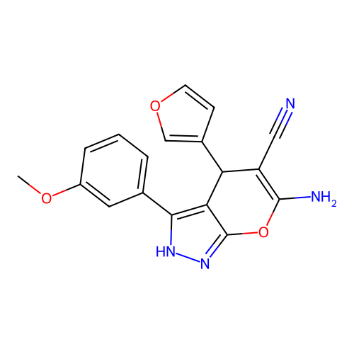 6-amino-4-(furan-3-yl)-3-(3-methoxyphenyl)-2,4-dihydropyrano[2,3-c]pyrazole-5-carbonitrile structure