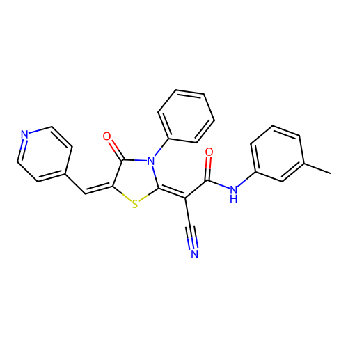 (2E)-2-cyano-N-(3-methylphenyl)-2-[(5E)-4-oxo-3-phenyl-5-(pyridin-4-ylmethylidene)-1,3-thiazolidin-2-ylidene]acetamide structure