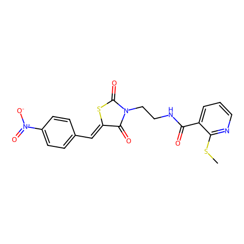2-methylsulfanyl-N-[2-[5-[(4-nitrophenyl)methylidene]-2,4-dioxo-1,3-thiazolidin-3-yl]ethyl]pyridine-3-carboxamide structure