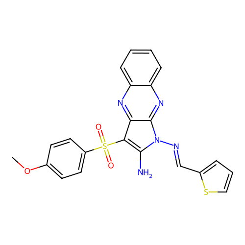 (E)-3-((4-methoxyphenyl)sulfonyl)-N1-(thiophen-2-ylmethylene)-1H-pyrrolo[2,3-b]quinoxaline-1,2-diamine structure