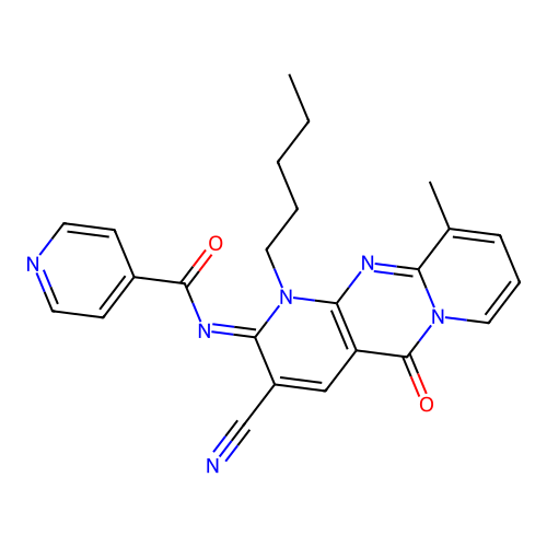 (E)-N-(3-cyano-10-methyl-5-oxo-1-pentyl-1H-dipyrido[1,2-a:2',3'-d]pyrimidin-2(5H)-ylidene)isonicotinamide structure