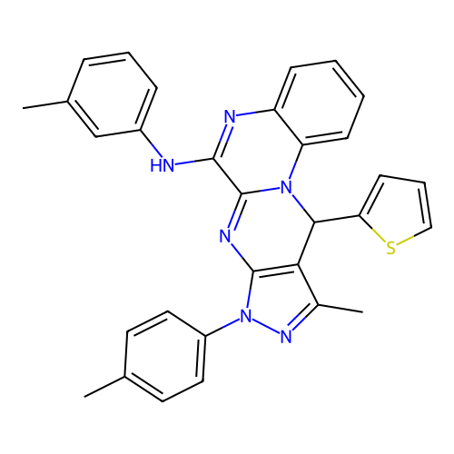 10-methyl-11-(thiophen-2-yl)-N-(m-tolyl)-8-(p-tolyl)-8,11-dihydropyrazolo[3',4':4,5]pyrimido[1,2-a]quinoxalin-6-amine structure