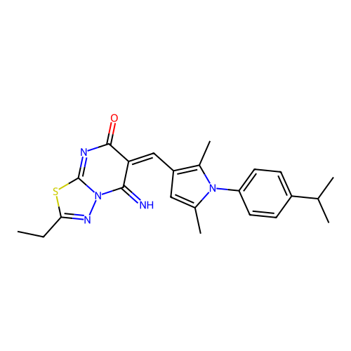 (6E)-6-[[2,5-dimethyl-1-(4-propan-2-ylphenyl)pyrrol-3-yl]methylidene]-2-ethyl-5-imino-[1,3,4]thiadiazolo[3,2-a]pyrimidin-7-one structure