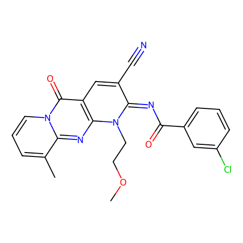 (E)-3-chloro-N-(3-cyano-1-(2-methoxyethyl)-10-methyl-5-oxo-1H-dipyrido[1,2-a:2',3'-d]pyrimidin-2(5H)-ylidene)benzamide structure