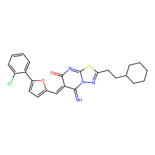 (6Z)-6-[[5-(2-chlorophenyl)furan-2-yl]methylidene]-2-(2-cyclohexylethyl)-5-imino-[1,3,4]thiadiazolo[3,2-a]pyrimidin-7-one structure