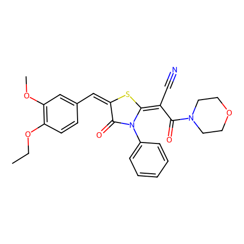 (2E)-2-[(5E)-5-[(4-ethoxy-3-methoxyphenyl)methylidene]-4-oxo-3-phenyl-1,3-thiazolidin-2-ylidene]-3-morpholin-4-yl-3-oxopropanenitrile structure