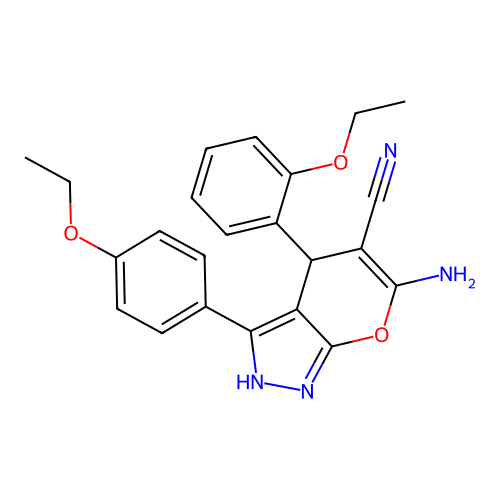 6-amino-4-(2-ethoxyphenyl)-3-(4-ethoxyphenyl)-1,4-dihydropyrano[2,3-c]pyrazole-5-carbonitrile structure