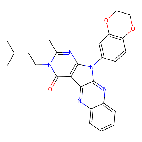 11-(2,3-dihydro-1,4-benzodioxin-6-yl)-2-methyl-3-(3-methylbutyl)-3,11-dihydro-4H-pyrimido[5',4':4,5]pyrrolo[2,3-b]quinoxalin-4-one structure