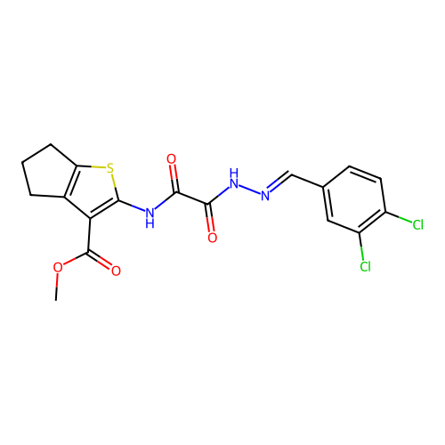 (E)-methyl 2-(2-(2-(3,4-dichlorobenzylidene)hydrazinyl)-2-oxoacetamido)-5,6-dihydro-4H-cyclopenta[b]thiophene-3-carboxylate structure