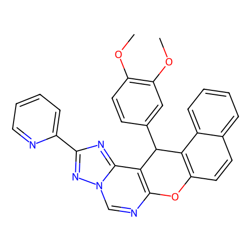 14-(3,4-dimethoxyphenyl)-2-(pyridin-2-yl)-14H-benzo[5,6]chromeno[3,2-e][1,2,4]triazolo[1,5-c]pyrimidine structure
