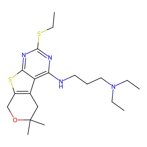 N,N-diethyl-N'-[2-(ethylsulfanyl)-6,6-dimethyl-5,8-dihydro-6H-pyrano[4',3':4,5]thieno[2,3-d]pyrimidin-4-yl]propane-1,3-diamine structure