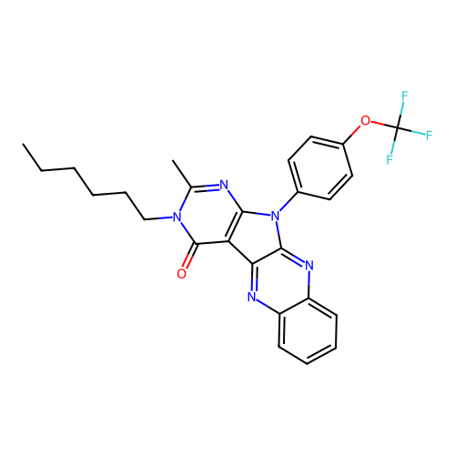 3-hexyl-2-methyl-11-(4-(trifluoromethoxy)phenyl)-3H-pyrimido[5',4':4,5]pyrrolo[2,3-b]quinoxalin-4(11H)-one structure