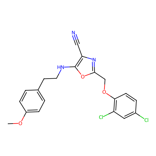 2-[(2,4-dichlorophenoxy)methyl]-5-[2-(4-methoxyphenyl)ethylamino]-1,3-oxazole-4-carbonitrile structure