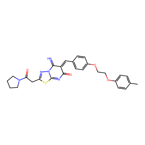 (6Z)-5-imino-6-[[4-[2-(4-methylphenoxy)ethoxy]phenyl]methylidene]-2-(2-oxo-2-pyrrolidin-1-ylethyl)-[1,3,4]thiadiazolo[3,2-a]pyrimidin-7-one structure