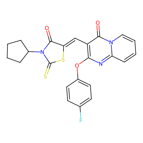 3-[(Z)-(3-cyclopentyl-4-oxo-2-thioxo-1,3-thiazolidin-5-ylidene)methyl]-2-(4-fluorophenoxy)-4H-pyrido[1,2-a]pyrimidin-4-one structure