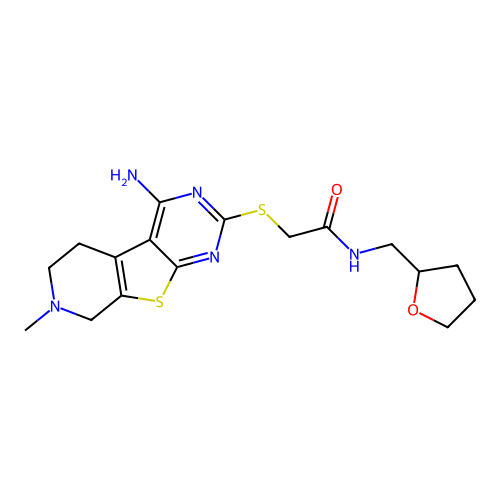 2-((4-amino-7-methyl-5,6,7,8-tetrahydropyrido[4',3':4,5]thieno[2,3-d]pyrimidin-2-yl)thio)-N-((tetrahydrofuran-2-yl)methyl)acetamide structure