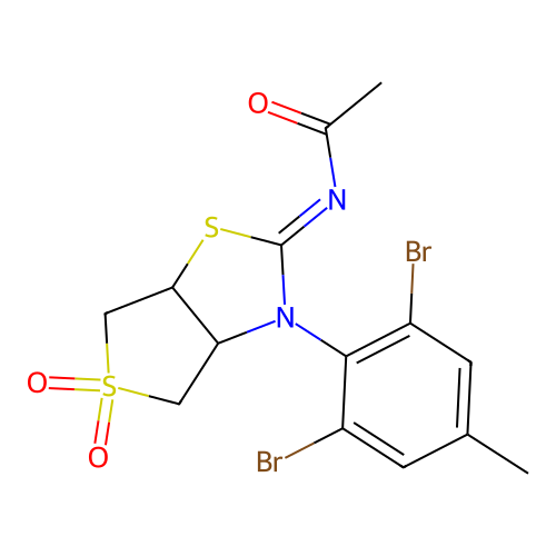 (Z)-N-(3-(2,6-dibromo-4-methylphenyl)-5,5-dioxidotetrahydrothieno[3,4-d]thiazol-2(3H)-ylidene)acetamide structure