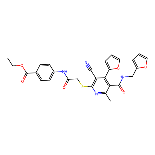 ethyl 4-(2-((3-cyano-4-(furan-2-yl)-5-((furan-2-ylmethyl)carbamoyl)-6-methylpyridin-2-yl)thio)acetamido)benzoate structure