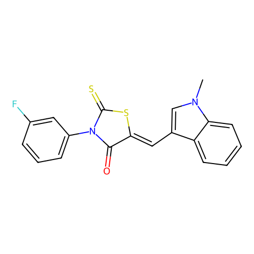 (Z)-3-(3-fluorophenyl)-5-((1-methyl-1H-indol-3-yl)methylene)-2-thioxothiazolidin-4-one structure