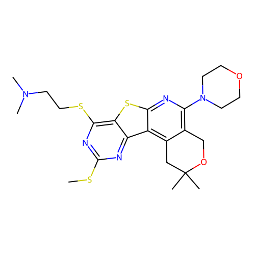 2-((2,2-dimethyl-10-(methylthio)-5-morpholino-2,4-dihydro-1H-pyrano[4'',3'':4',5']pyrido[3',2':4,5]thieno[3,2-d]pyrimidin-8-yl)thio)-N,N-dimethylethanamine structure