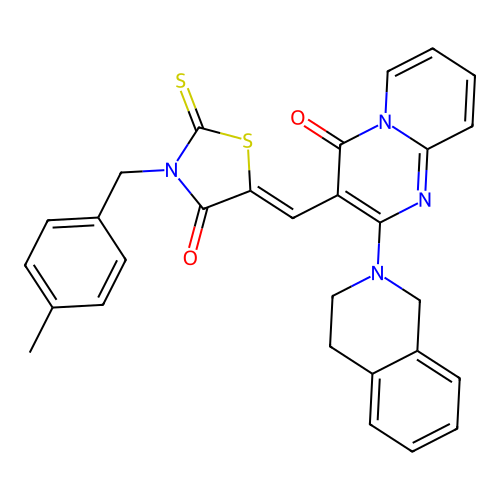 (5Z)-5-[[2-(3,4-dihydro-1H-isoquinolin-2-yl)-4-oxopyrido[1,2-a]pyrimidin-3-yl]methylidene]-3-[(4-methylphenyl)methyl]-2-sulfanylidene-1,3-thiazolidin-4-one structure