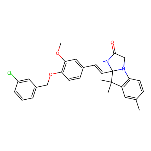 (E)-9a-(4-((3-chlorobenzyl)oxy)-3-methoxystyryl)-7,9,9-trimethyl-9,9a-dihydro-1H-imidazo[1,2-a]indol-2(3H)-one structure