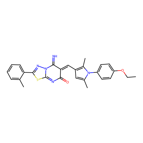 (6Z)-6-[[1-(4-ethoxyphenyl)-2,5-dimethylpyrrol-3-yl]methylidene]-5-imino-2-(2-methylphenyl)-[1,3,4]thiadiazolo[3,2-a]pyrimidin-7-one structure