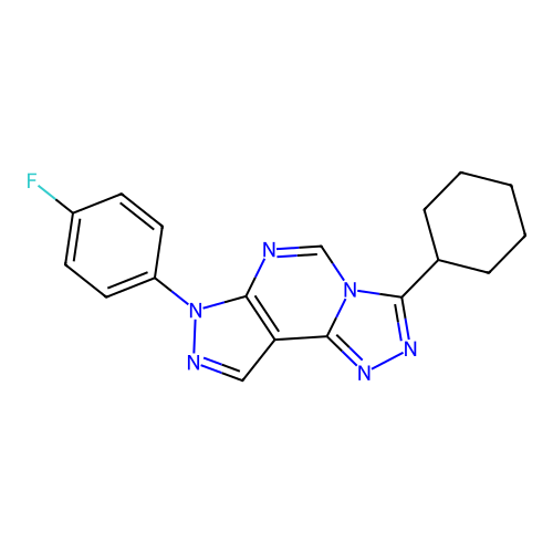 3-cyclohexyl-7-(4-fluorophenyl)-7H-pyrazolo[4,3-e][1,2,4]triazolo[4,3-c]pyrimidine structure