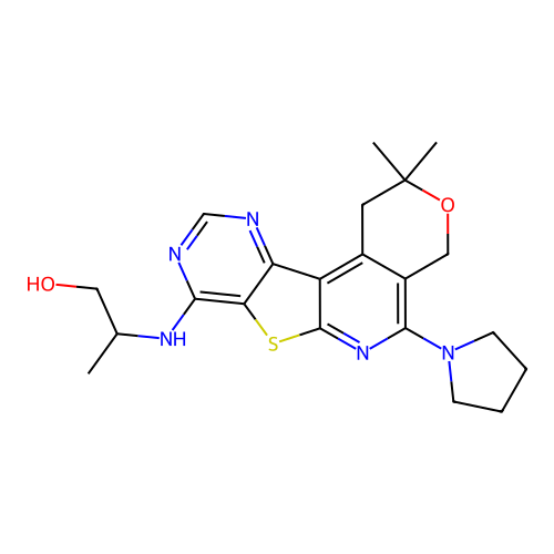 2-((2,2-dimethyl-5-(pyrrolidin-1-yl)-2,4-dihydro-1H-pyrano[4'',3'':4',5']pyrido[3',2':4,5]thieno[3,2-d]pyrimidin-8-yl)amino)propan-1-ol structure