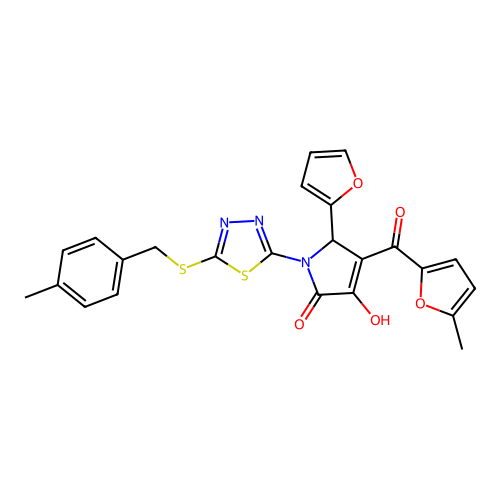 (4E)-5-(furan-2-yl)-4-[hydroxy(5-methylfuran-2-yl)methylidene]-1-{5-[(4-methylbenzyl)sulfanyl]-1,3,4-thiadiazol-2-yl}pyrrolidine-2,3-dione structure