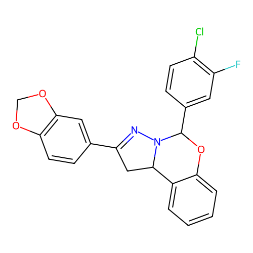 2-(1,3-benzodioxol-5-yl)-5-(4-chloro-3-fluorophenyl)-1,10b-dihydropyrazolo[1,5-c][1,3]benzoxazine structure