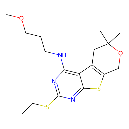 2-(ethylsulfanyl)-N-(3-methoxypropyl)-6,6-dimethyl-5,8-dihydro-6H-pyrano[4',3':4,5]thieno[2,3-d]pyrimidin-4-amine structure