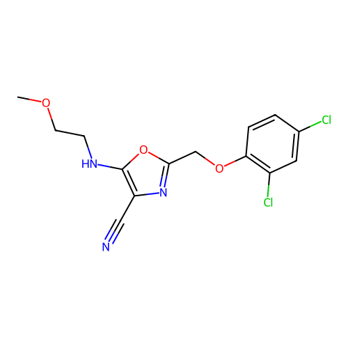 2-[(2,4-dichlorophenoxy)methyl]-5-[(2-methoxyethyl)amino]-1,3-oxazole-4-carbonitrile structure