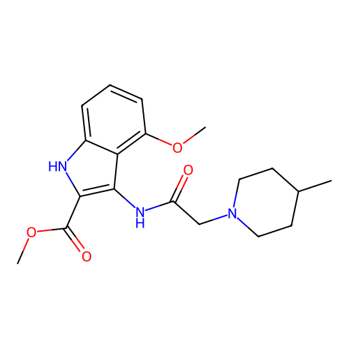 methyl 4-methoxy-3-(2-(4-methylpiperidin-1-yl)acetamido)-1H-indole-2-carboxylate structure