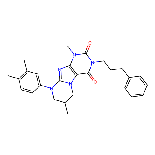 9-(3,4-dimethylphenyl)-1,7-dimethyl-3-(3-phenylpropyl)-6,7,8,9-tetrahydropyrimido[2,1-f]purine-2,4(1H,3H)-dione structure