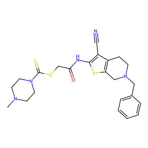 [2-[(6-benzyl-3-cyano-5,7-dihydro-4H-thieno[2,3-c]pyridin-2-yl)amino]-2-oxoethyl] 4-methylpiperazine-1-carbodithioate structure