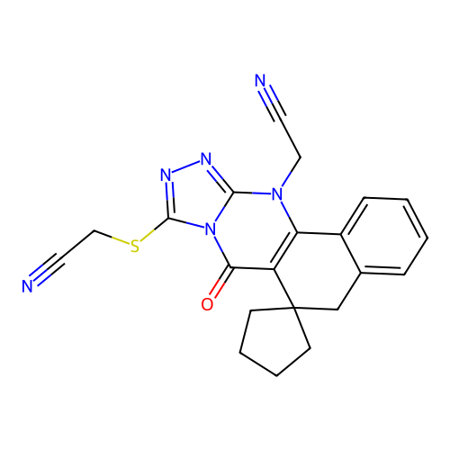 {[12-(cyanomethyl)-7-oxo-7,12-dihydro-5H-spiro[benzo[h][1,2,4]triazolo[3,4-b]quinazoline-6,1'-cyclopentan]-9-yl]sulfanyl}acetonitrile structure