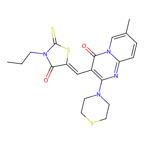 (Z)-5-((7-methyl-4-oxo-2-thiomorpholino-4H-pyrido[1,2-a]pyrimidin-3-yl)methylene)-3-propyl-2-thioxothiazolidin-4-one structure