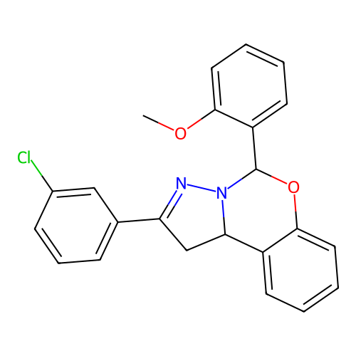 2-(3-chlorophenyl)-5-(2-methoxyphenyl)-1,10b-dihydropyrazolo[1,5-c][1,3]benzoxazine structure