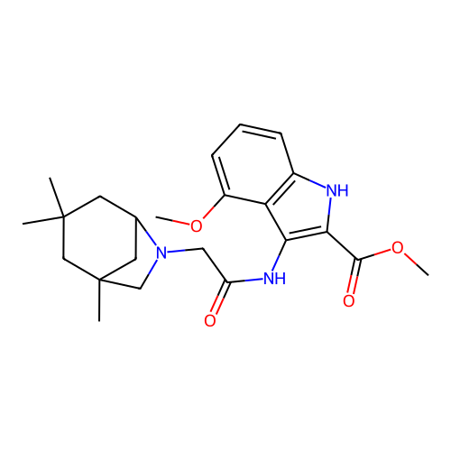 methyl 4-methoxy-3-(2-(1,3,3-trimethyl-6-azabicyclo[3.2.1]octan-6-yl)acetamido)-1H-indole-2-carboxylate structure