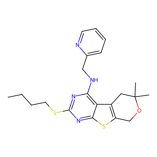 2-(butylsulfanyl)-6,6-dimethyl-N-(pyridin-2-ylmethyl)-5,8-dihydro-6H-pyrano[4',3':4,5]thieno[2,3-d]pyrimidin-4-amine structure